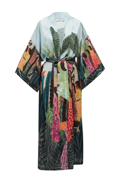 Peraluna KAURİ Tropik Desenli Bilek Hizası Saten Kadın Kimono - Çok Renkli - 9