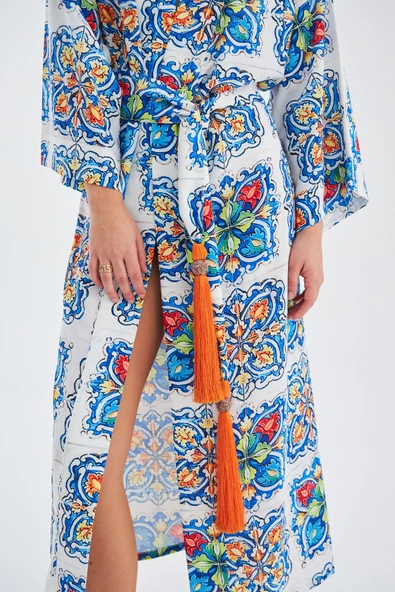 Peraluna RIA KİMONO Çini Desenli 127 CM Püskül Kemer Detaylı Saten Kadın Kimono - Çok Renkli - 4