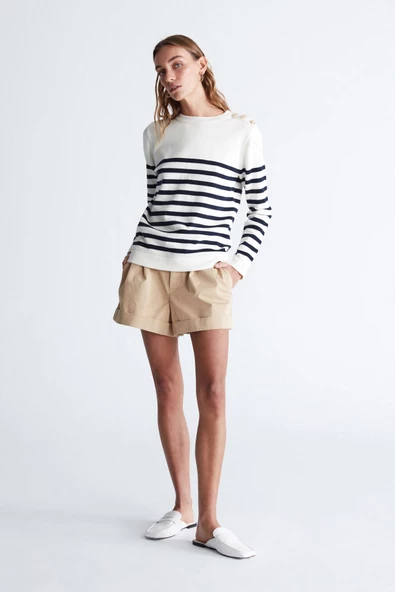 Styleboom X Peraluna BARDOT PULLOVER Omzu Düğmeli Çizgili Organik Pamuk Mevsimlik Kadın Triko Kazak - Ekru/Lacivert - 3
