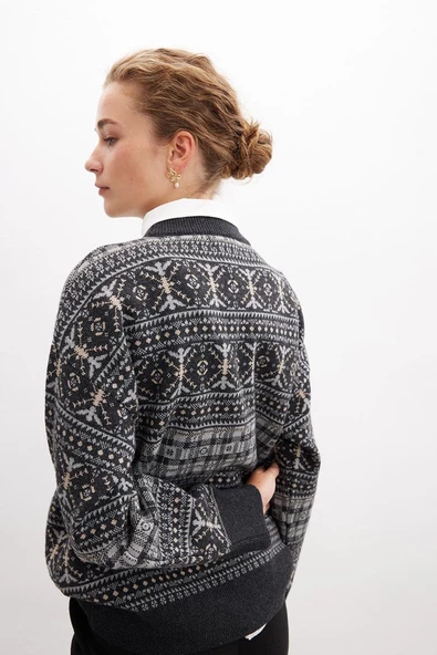 Peraluna CAITLIN PULLOVER Bisiklet Yaka Etnik Motif Yün Karışım Kadın Triko Kazak - Antrasit Melanj - 4