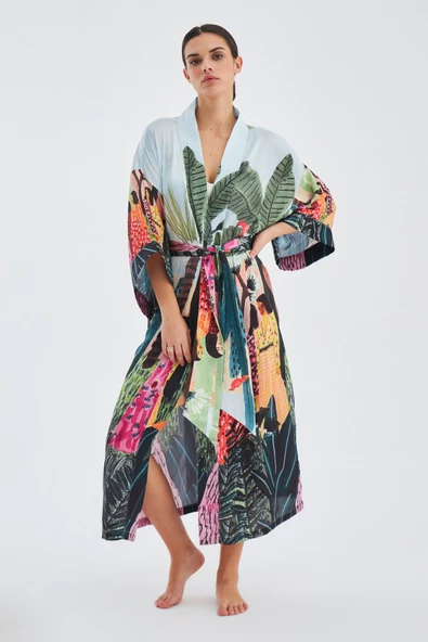 Peraluna KAURİ Tropik Desenli Bilek Hizası Saten Kadın Kimono - Çok Renkli - 7