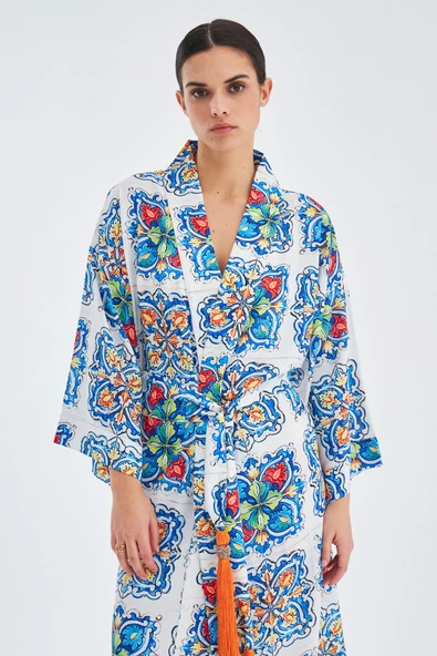 Peraluna RIA KİMONO Çini Desenli 127 CM Püskül Kemer Detaylı Saten Kadın Kimono - Çok Renkli - 2