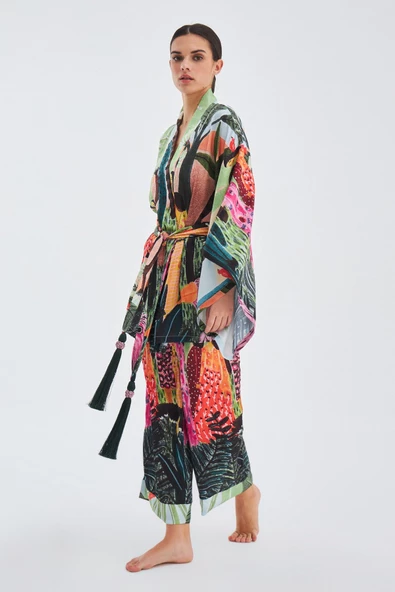 Peraluna SHUKO Tropik Desenli Geniş Kollu Saten Kadın Kimono - Çok Renkli - 6