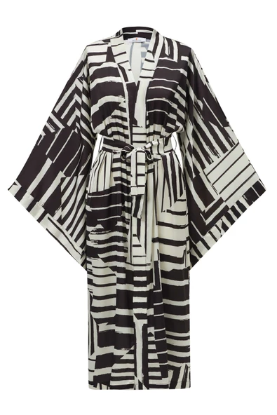 Peraluna HANITA Geometrik Desenli 120 CM Saten Yazlık Kadın Kimono - Siyah/Ekru - 9