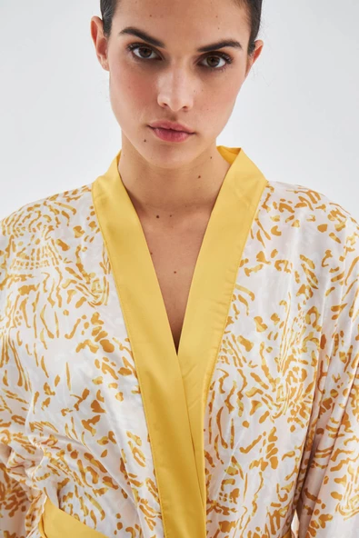 Peraluna SİTARA KIMONO Desenli 120 CM Saten Yazlık Kadın Kimono - Hardal/Ekru - 3