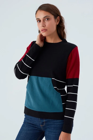 Peraluna JUNE PULLOVER %100 Pamuk Çizgili Kangru Cepli Kadın Triko Kazak - Siyah - 2