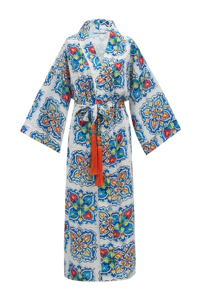 Peraluna RIA KİMONO Çini Desenli 127 CM Püskül Kemer Detaylı Saten Kadın Kimono - Çok Renkli - 9