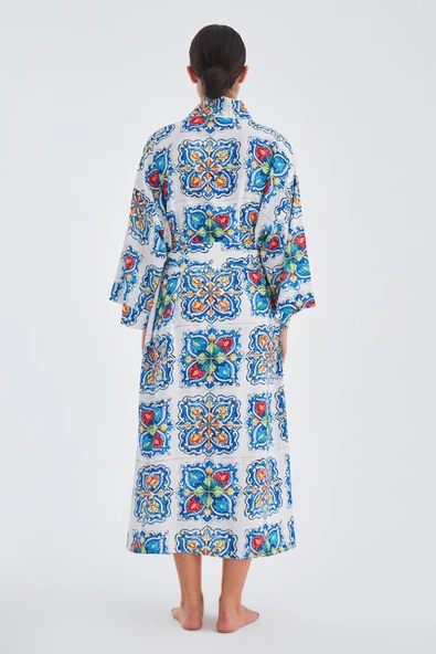 Peraluna RIA KİMONO Çini Desenli 127 CM Püskül Kemer Detaylı Saten Kadın Kimono - Çok Renkli - 8
