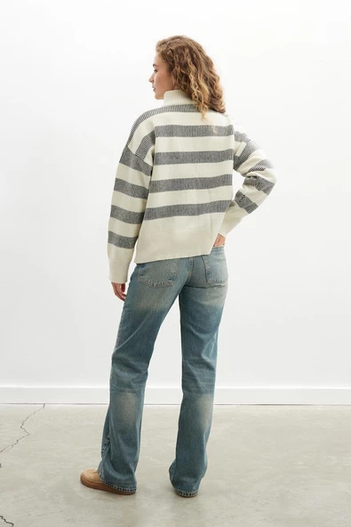 Peraluna MISTY SWEATER Yüksek Yaka Fermuarlı Çizgili Yün Karışım Kadın Triko Kazak - Ekru - 6