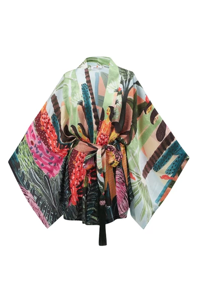 Peraluna SHUKO Tropik Desenli Geniş Kollu Saten Kadın Kimono - Çok Renkli - 9
