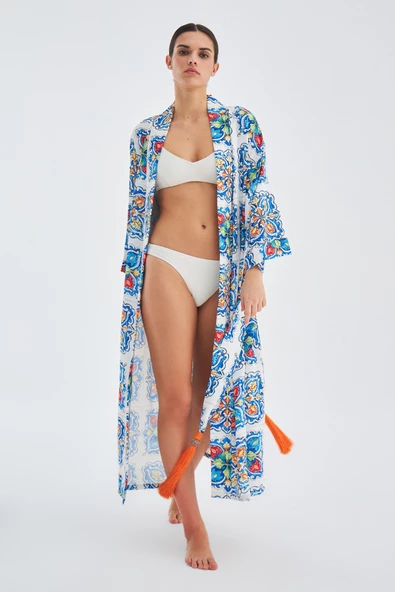 Peraluna RIA KİMONO Çini Desenli 127 CM Püskül Kemer Detaylı Saten Kadın Kimono - Çok Renkli - 6