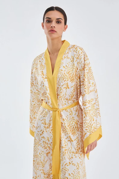 Peraluna SİTARA KIMONO Desenli 120 CM Saten Yazlık Kadın Kimono - Hardal/Ekru - 2