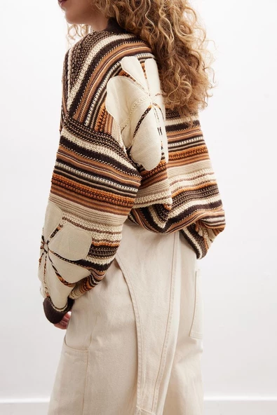 Peraluna AMELIA PULLOVER Yüksek Yaka Çiçek Desen Çok Renkli Organik Pamuk Karışım Kadın Triko Kazak - Kahve Multi - Resim 3