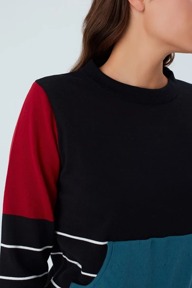 Peraluna JUNE PULLOVER %100 Pamuk Çizgili Kangru Cepli Kadın Triko Kazak - Siyah - 5