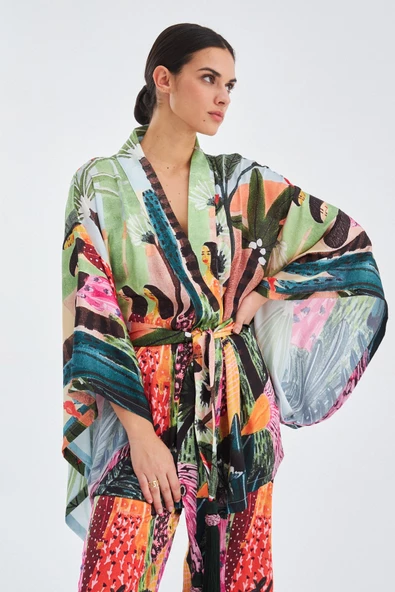 Peraluna SHUKO Tropik Desenli Geniş Kollu Saten Kadın Kimono - Çok Renkli - 4