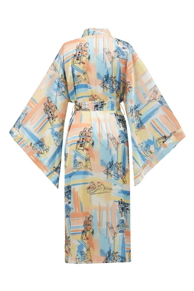 Peraluna INAYA KIMONO Desenli 120 CM Saten Yazlık Kadın Kimono - Mavi/Sarı - 10