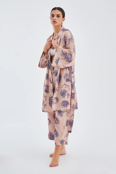 Peraluna ROSA KIMONO Gül Desenli Diz Hizası 90 CM Saten Kadın Kimono - Koyu Pudra/Mor - 6