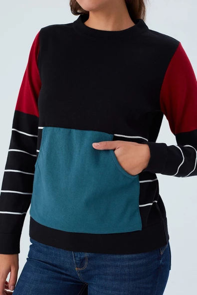 Peraluna JUNE PULLOVER %100 Pamuk Çizgili Kangru Cepli Kadın Triko Kazak - Siyah - 4
