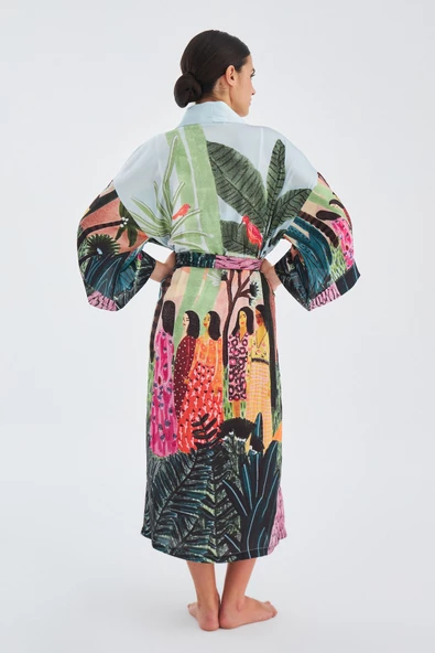 Peraluna KAURİ Tropik Desenli Bilek Hizası Saten Kadın Kimono - Çok Renkli - 8