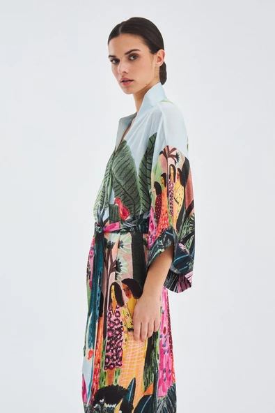 Peraluna KAURİ Tropik Desenli Bilek Hizası Saten Kadın Kimono - Çok Renkli - 6