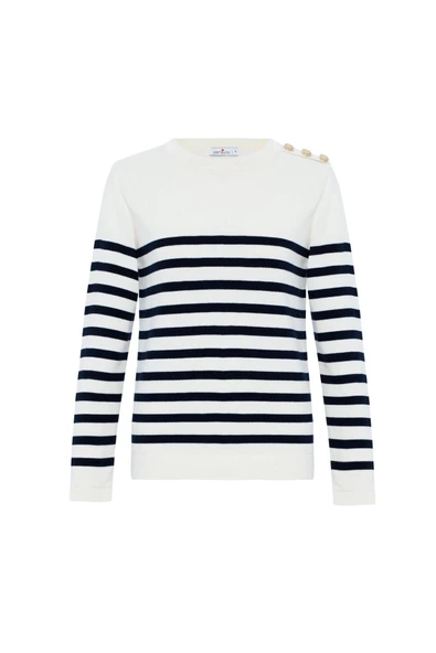 Styleboom X Peraluna BARDOT PULLOVER Omzu Düğmeli Çizgili Organik Pamuk Mevsimlik Kadın Triko Kazak - Ekru/Lacivert - 8