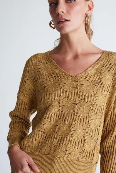 Peraluna SCARLET PULLOVER Yaprak Desenli V Yaka Simli Uzun Kol Kadın Triko Kazak - Altın - 5