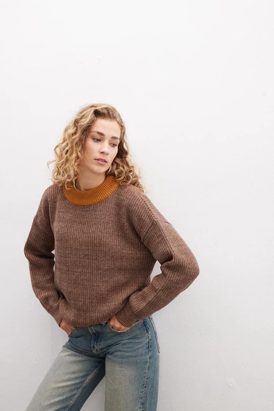 Peraluna LORETTA PULLOVER Bisiklet Yaka Selanik Örgü Organik Pamuk-Yün Karışım Muline Kadın Triko Kazak - Kahve Muline - 4