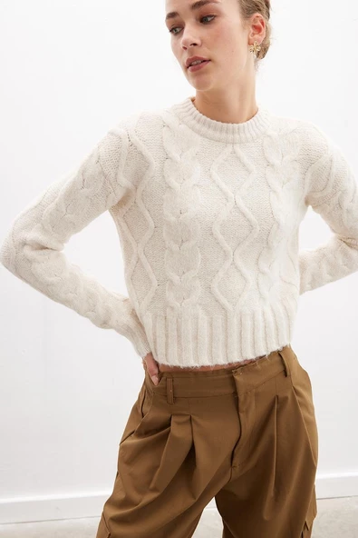 Peraluna ADELINE SWEATER Bisiklet Yaka Saç Örgü Kadın Triko Kazak - Ekru - 2