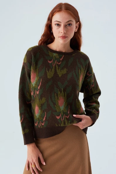 Peraluna FIORI PULLOVER Çiçek Desenli Crop Kadın Triko Kazak - Çok Renkli - 2