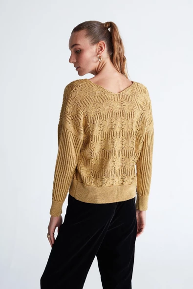 Peraluna SCARLET PULLOVER Yaprak Desenli V Yaka Simli Uzun Kol Kadın Triko Kazak - Altın - 7