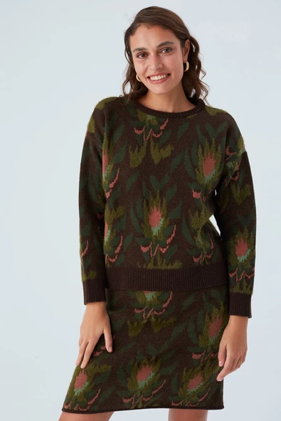 Peraluna FIORI PULLOVER Çiçek Desenli Crop Kadın Triko Kazak - Çok Renkli - 7