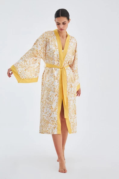 Peraluna SİTARA KIMONO Desenli 120 CM Saten Yazlık Kadın Kimono - Hardal/Ekru - 4