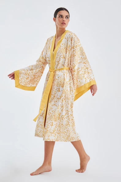Peraluna SİTARA KIMONO Desenli 120 CM Saten Yazlık Kadın Kimono - Hardal/Ekru - 5