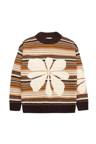 Peraluna AMELIA PULLOVER Yüksek Yaka Çiçek Desen Çok Renkli Organik Pamuk Karışım Kadın Triko Kazak - Kahve Multi - Resim 7