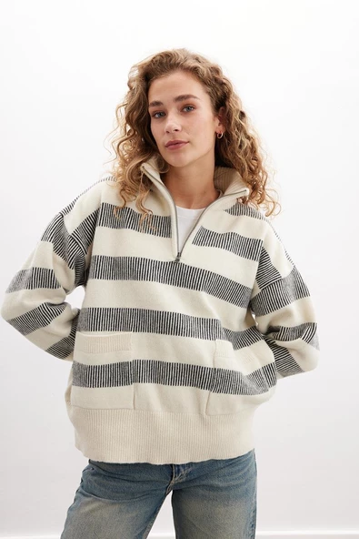 Peraluna MISTY SWEATER Yüksek Yaka Fermuarlı Çizgili Yün Karışım Kadın Triko Kazak - Ekru - 2