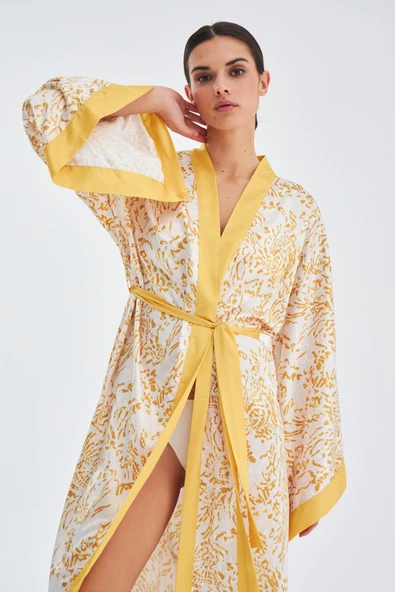 Peraluna SİTARA KIMONO Desenli 120 CM Saten Yazlık Kadın Kimono - Hardal/Ekru - 6