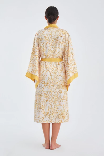 Peraluna SİTARA KIMONO Desenli 120 CM Saten Yazlık Kadın Kimono - Hardal/Ekru - 8