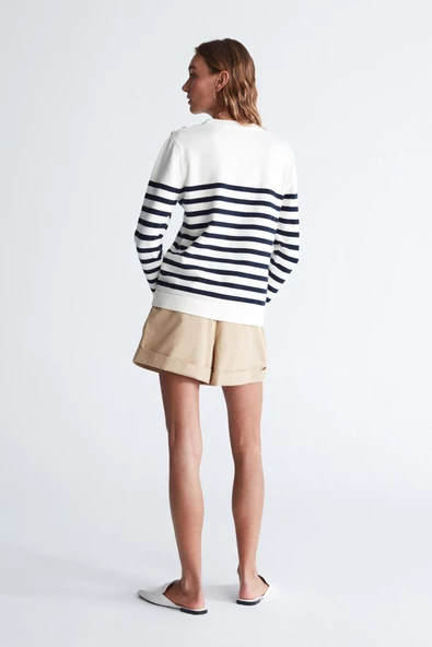 Styleboom X Peraluna BARDOT PULLOVER Omzu Düğmeli Çizgili Organik Pamuk Mevsimlik Kadın Triko Kazak - Ekru/Lacivert - 7