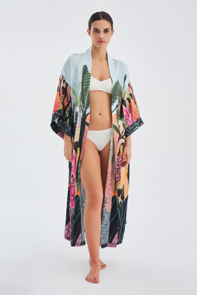 Peraluna KAURİ Tropik Desenli Bilek Hizası Saten Kadın Kimono - Çok Renkli - 4