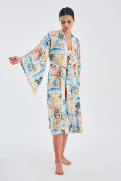 Peraluna INAYA KIMONO Desenli 120 CM Saten Yazlık Kadın Kimono - Mavi/Sarı - 6