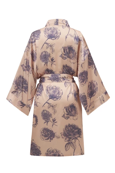 Peraluna ROSA KIMONO Gül Desenli Diz Hizası 90 CM Saten Kadın Kimono - Koyu Pudra/Mor - 10