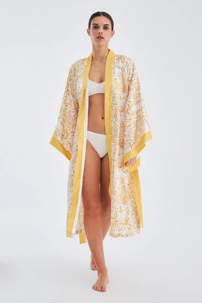 Peraluna SİTARA KIMONO Desenli 120 CM Saten Yazlık Kadın Kimono - Hardal/Ekru - 7
