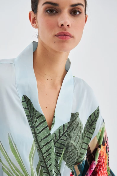 Peraluna KAURİ Tropik Desenli Bilek Hizası Saten Kadın Kimono - Çok Renkli - 3