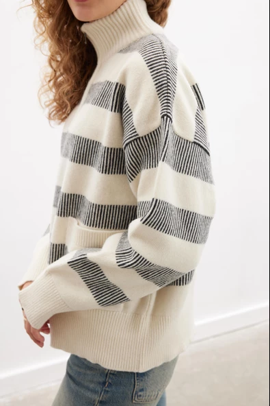 Peraluna MISTY SWEATER Yüksek Yaka Fermuarlı Çizgili Yün Karışım Kadın Triko Kazak - Ekru - 3
