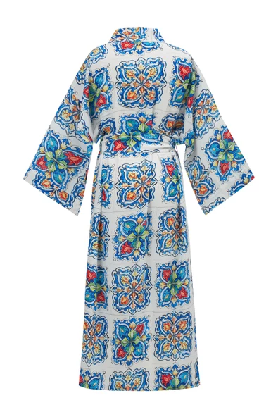 Peraluna RIA KİMONO Çini Desenli 127 CM Püskül Kemer Detaylı Saten Kadın Kimono - Çok Renkli - 10