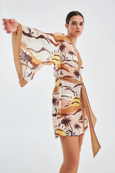 Peraluna SAHRA KIMONO Güneş Desenli 90 CM Şifon Yazlık Kadın Kimono - Kahve/Bej - 5