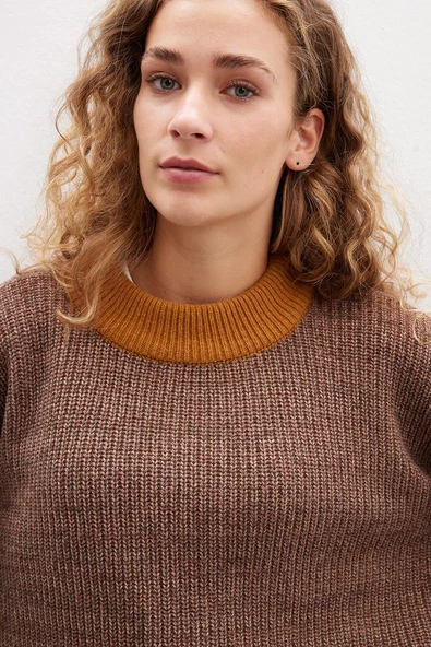 Peraluna LORETTA PULLOVER Bisiklet Yaka Selanik Örgü Organik Pamuk-Yün Karışım Muline Kadın Triko Kazak - Kahve Muline - 3