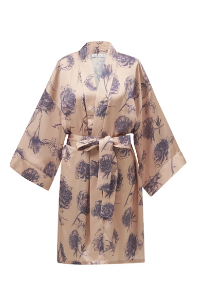 Peraluna ROSA KIMONO Gül Desenli Diz Hizası 90 CM Saten Kadın Kimono - Koyu Pudra/Mor - 9
