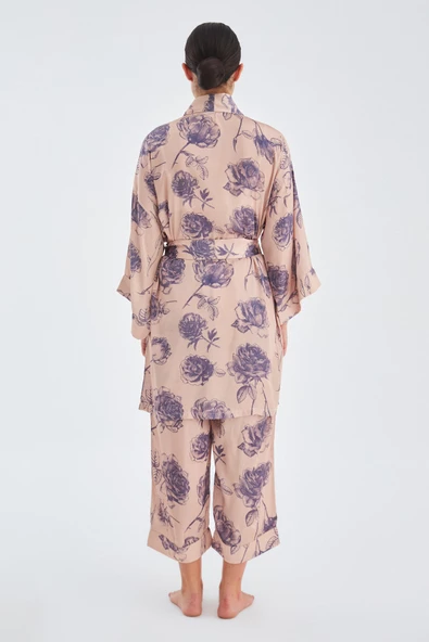 Peraluna ROSA KIMONO Gül Desenli Diz Hizası 90 CM Saten Kadın Kimono - Koyu Pudra/Mor - 8