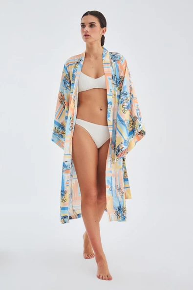Peraluna INAYA KIMONO Desenli 120 CM Saten Yazlık Kadın Kimono - Mavi/Sarı - 5